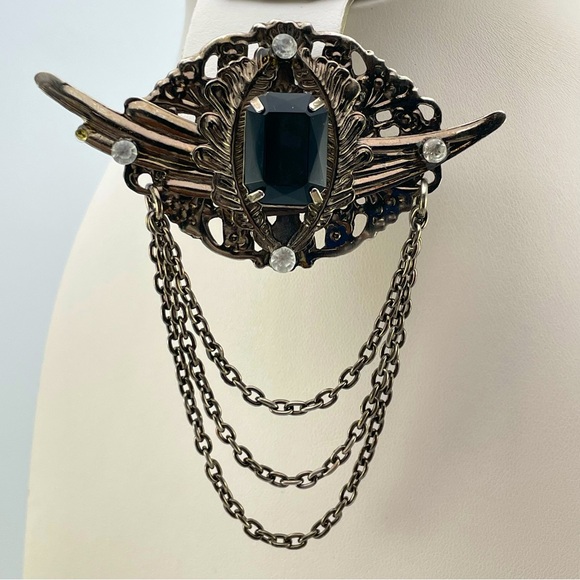 Vintage Gothic Black Acrylic Stone Brooch with Chains & Filigree Accents